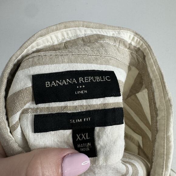 Banana Republic Mens Shirt XXL Tan Linen Blend Striped Slim Fit Old Money Preppy - Picture 8 of 10